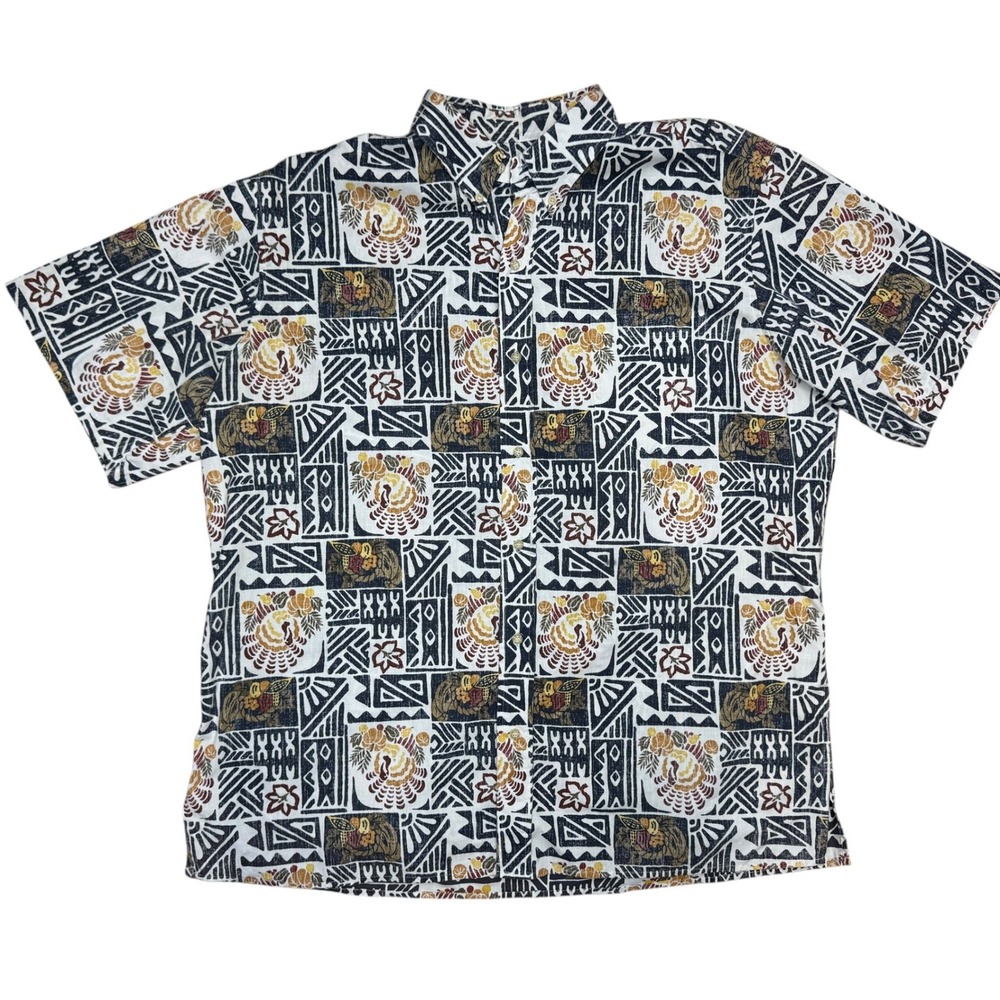 Reyn Spooner Thanksgiving Turkey Tribal Print Hawaiian Shirt Mens 3XL White Navy